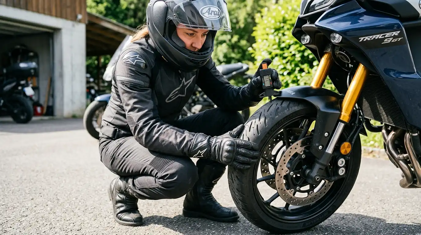 Motorcycle rider inspecting tire