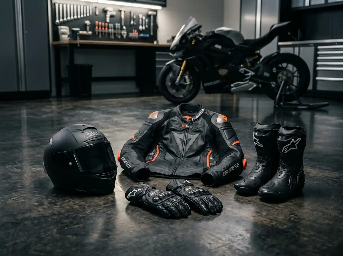 Motorcycle safety gear on floor